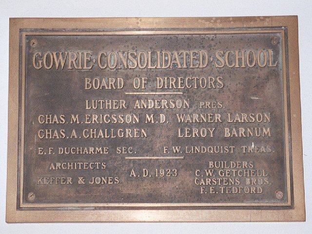 Gowrie Consolidated School Commemorative Plaque circa 1923