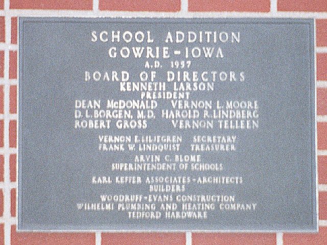 Gowrie School Addition Commemorative Plaque